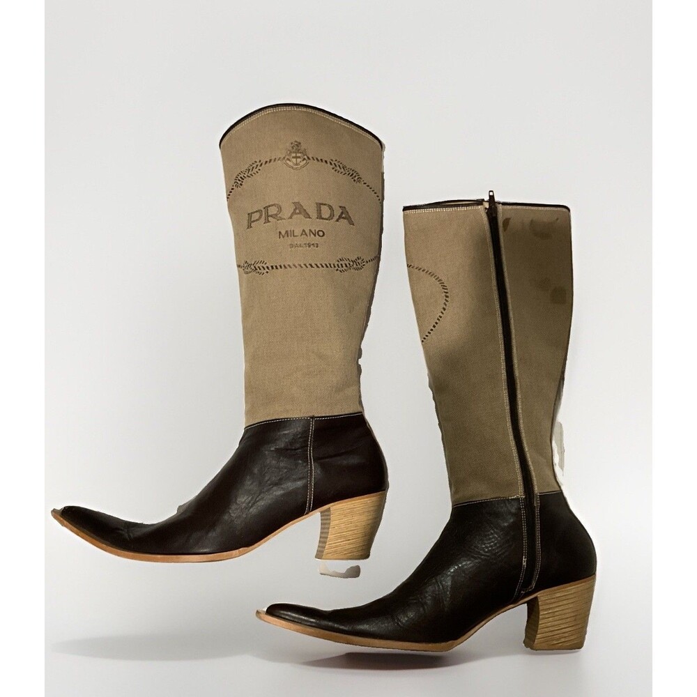 Prada Two-Tone Brown and Beige Pointed-Toe Knee Boots - Picture 4 of 10